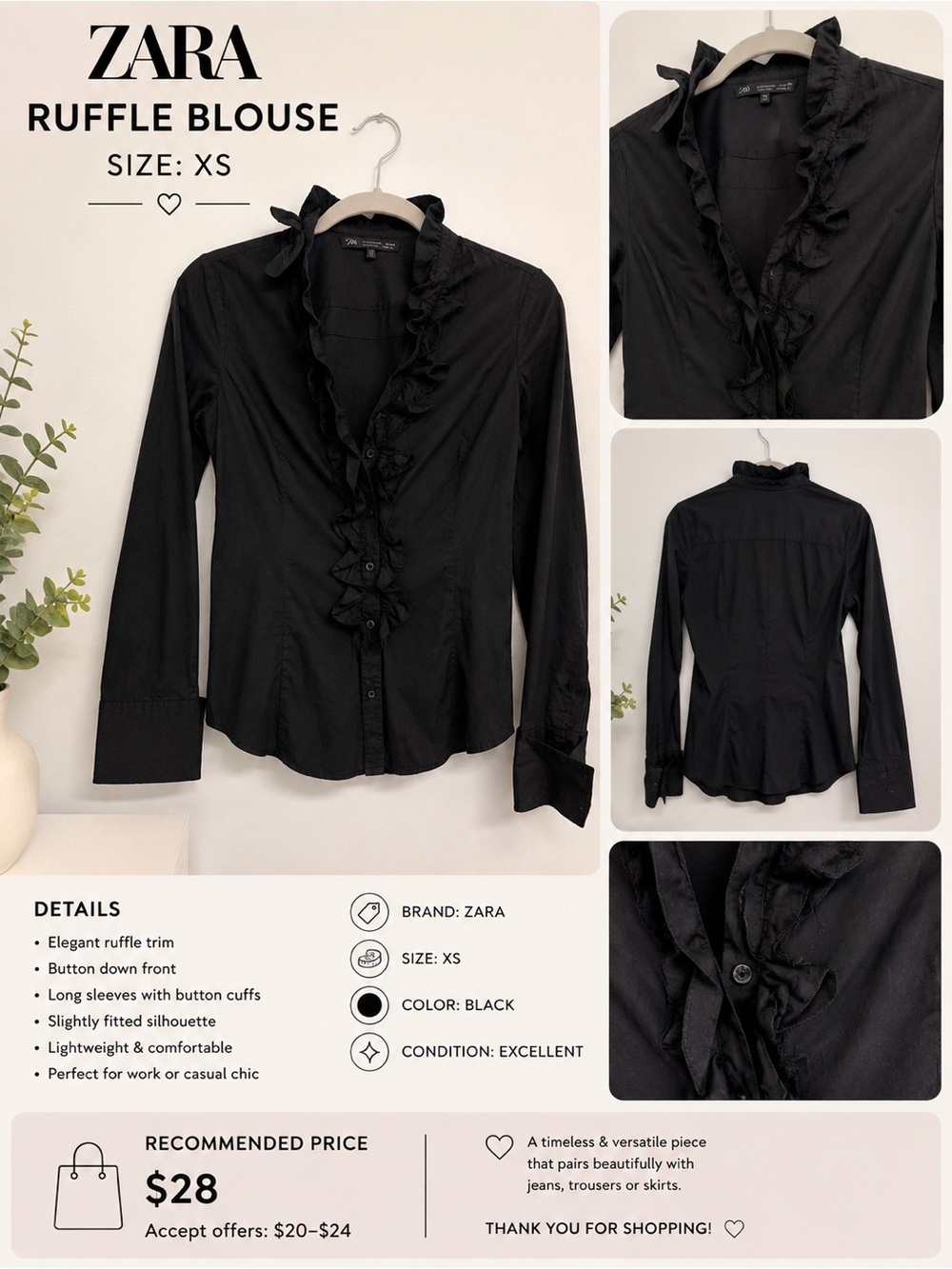 Zara Black Ruffle-Trim Button Front Blouse